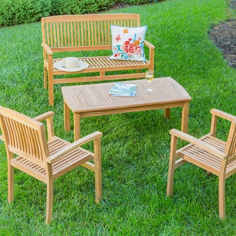 3 teck seating sets, 2 chair, 1 bench and coffee table